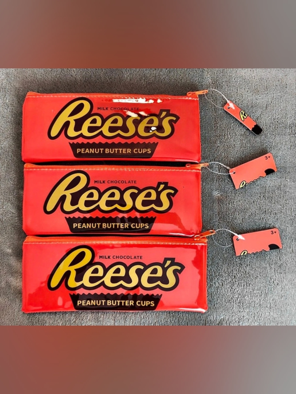 3 NEW Reese's Peanut Butter Cups Orange & Brown Vinyl Zipper Bags, 8 x 3.5